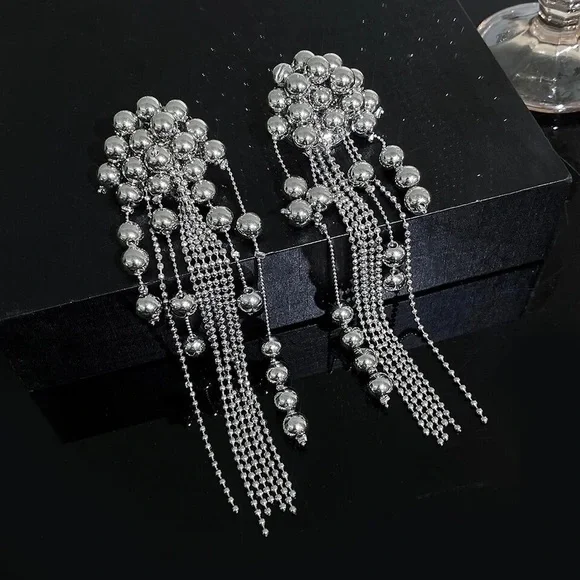 Zara EDGE NYC Uneven Chunky Dangle Mercury Pearl Pin Earrings long - Picture 5 of 16